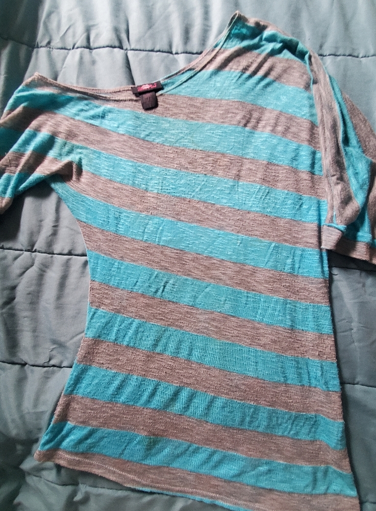 Off the shoulder blue and grey top